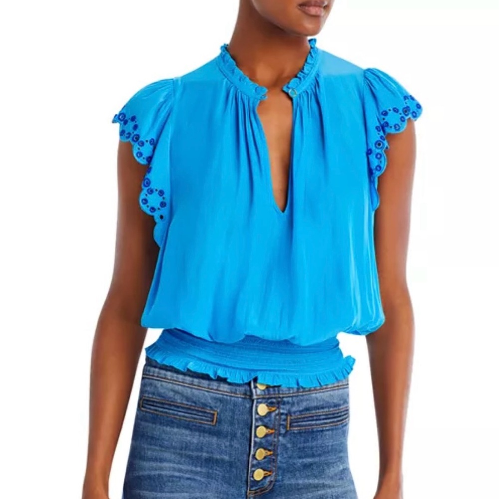 Ramy Brook Chandra Eyelet Trim Smocked Top, Size XS, New with Tag